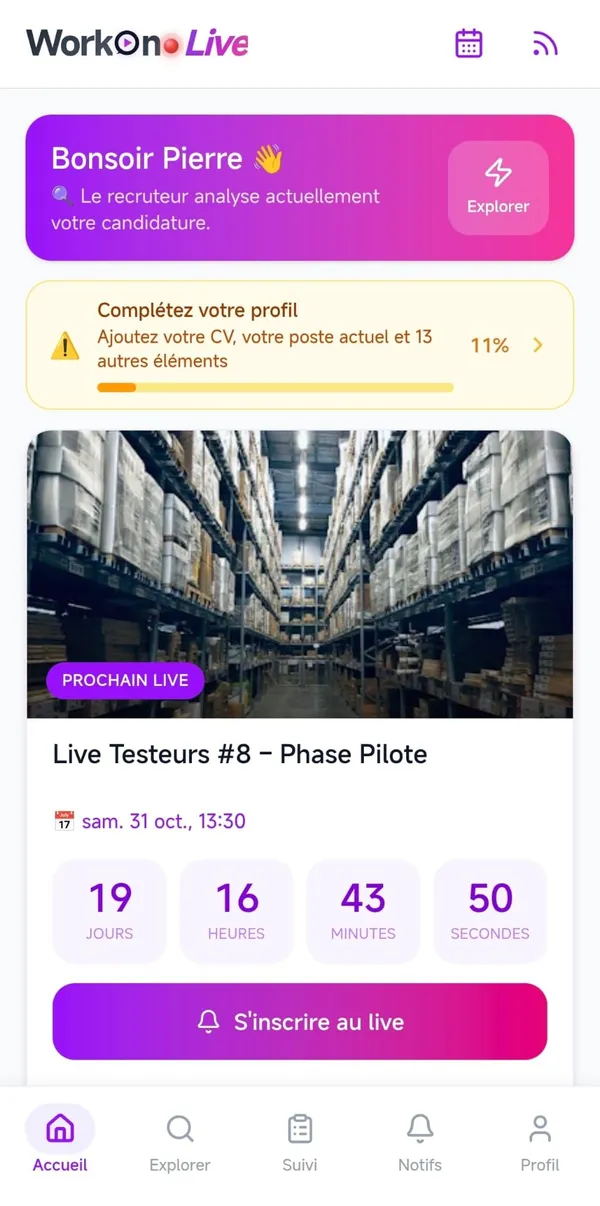 Écran d’accueil de l’application : prochain live avec compte à rebours et bouton « S’inscrire au live »